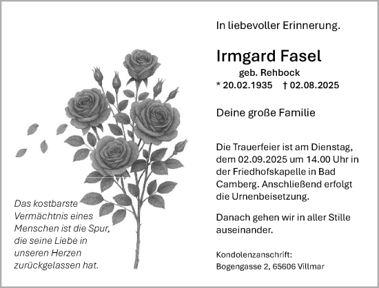 Traueranzeige von Irmgard Fasel von Camberger Anzeiger
