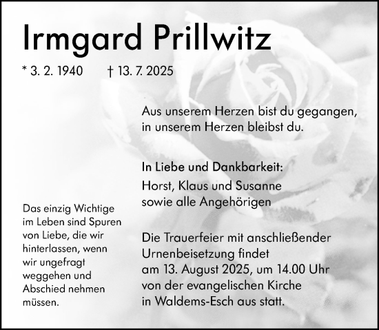 Traueranzeige von Irmgard Prillwitz von Camberger Anzeiger