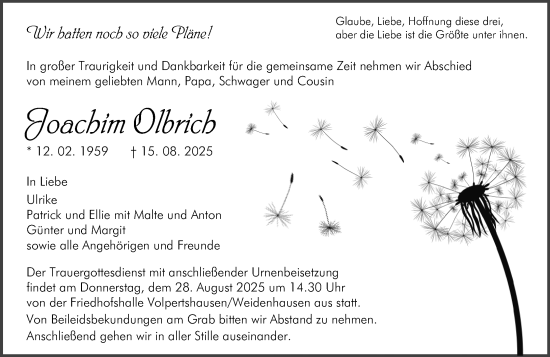 Traueranzeige von Joachim Olbrich von Wetzlarer Neue Zeitung
