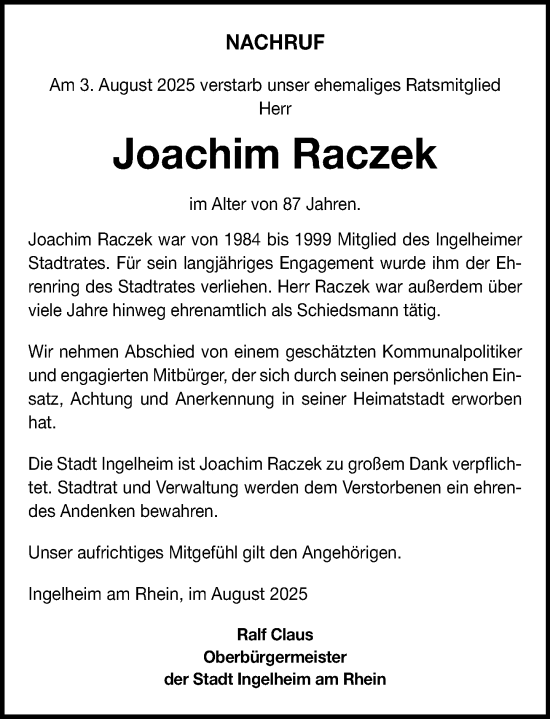 Traueranzeige von Joachim Raczek von Allgemeine Zeitung Rheinhessen-Nahe