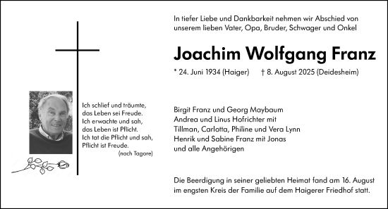 Traueranzeige von Joachim Wolfgang Franz von Dill Block