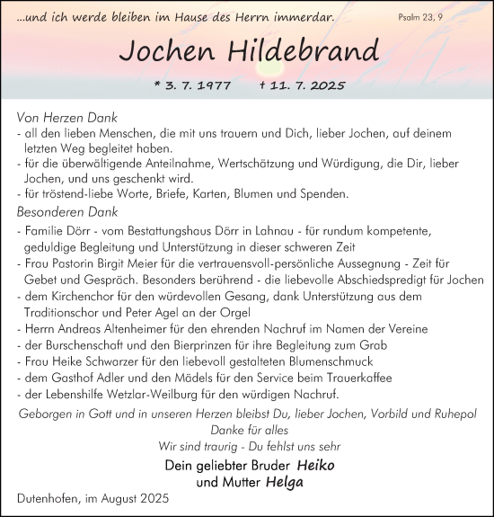 Traueranzeige von Jochen Hildebrand von Wetzlarer Neue Zeitung