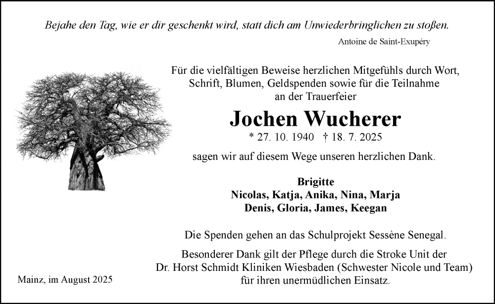  Traueranzeige für Jochen Wucherer vom 16.08.2025 aus Allgemeine Zeitung Mainz