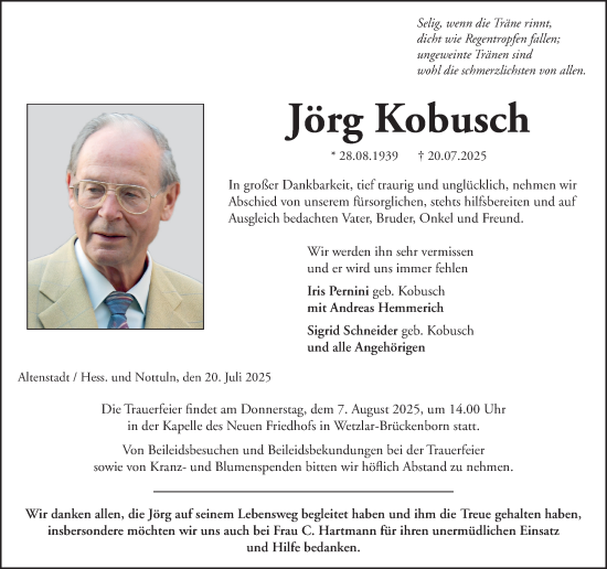Traueranzeige von Jörg Kobusch von Wetzlarer Neue Zeitung
