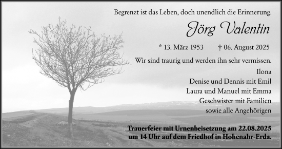 Traueranzeige von Jörg Valentin von Wetzlarer Neue Zeitung
