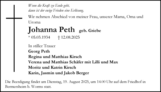 Traueranzeige von Johanna Peth von Wormser Zeitung