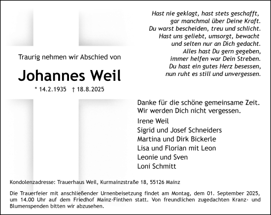 Traueranzeige von Johannes Weil von Allgemeine Zeitung Mainz
