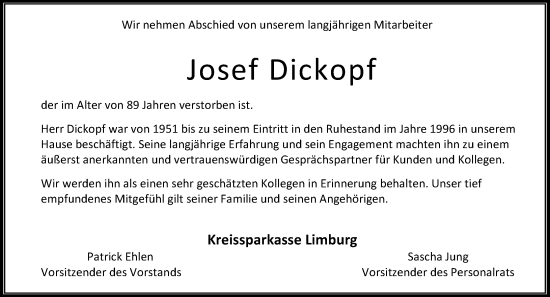 Traueranzeige von Josef Dickopf von Nassauische Neue Presse