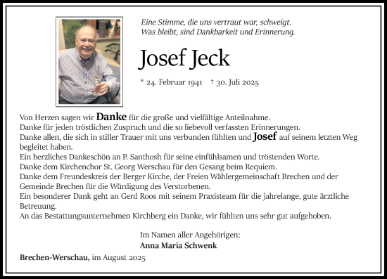 Traueranzeige von Josef Jeck von Nassauische Neue Presse