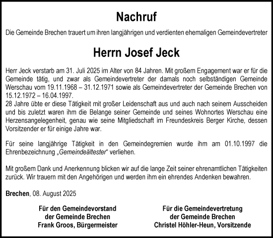 Traueranzeige von Josef Jeck von Camberger Anzeiger