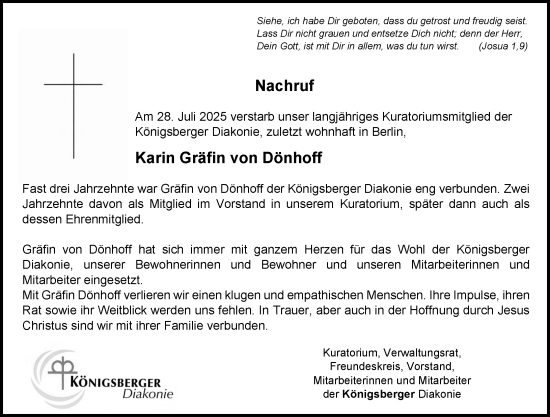 Traueranzeige von Karin Gräfin von Dönhoff von Wetzlarer Neue Zeitung