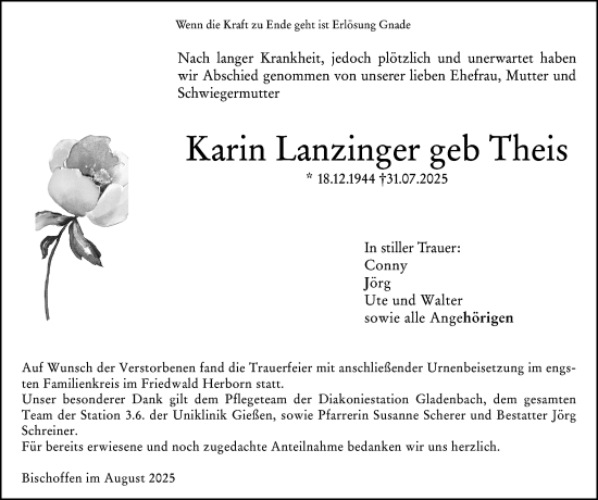 Traueranzeige von Karin Lanzinger von Dill Block