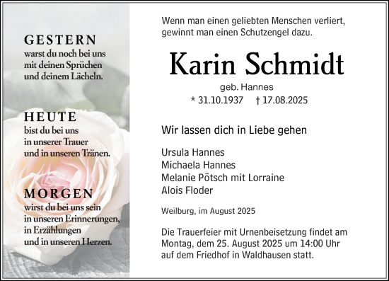 Traueranzeige von Karin Schmidt von Weilburger Tageblatt