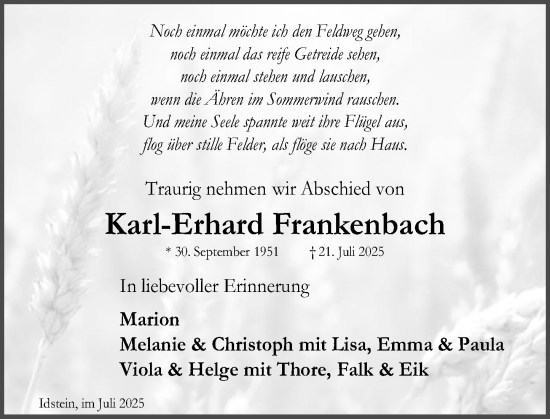 Traueranzeige von Karl-Erhard Frankenbach von Idsteiner Land/Untertaunus