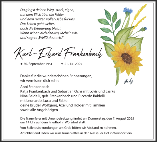 Traueranzeige von Karl-Erhard Frankenbach von Idsteiner Land/Untertaunus