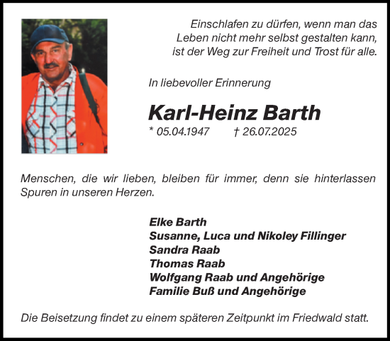 Traueranzeige von Karl-Heinz Barth von Allgemeine Zeitung Mainz
