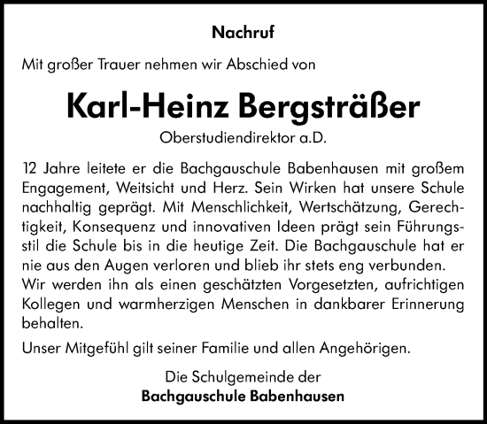 Traueranzeige von Karl-Heinz Bergsträßer von Darmstädter Echo