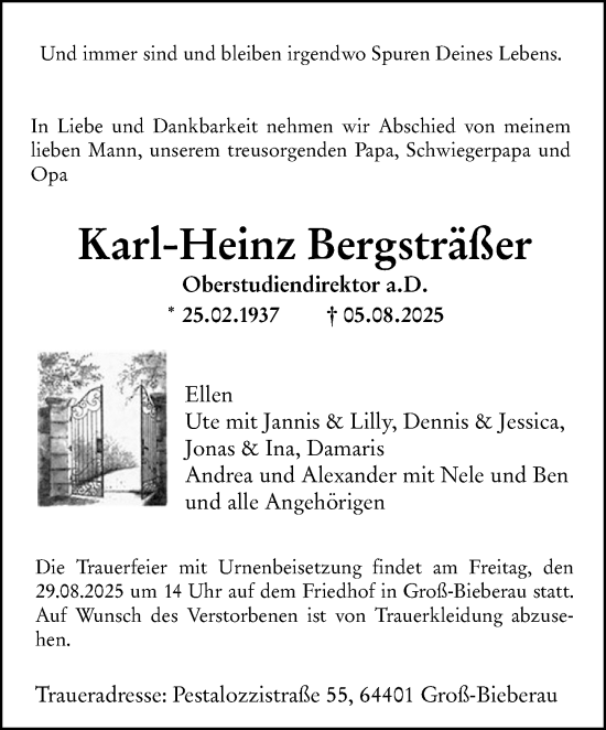 Traueranzeige von Karl-Heinz Bergsträßer von Darmstädter Echo