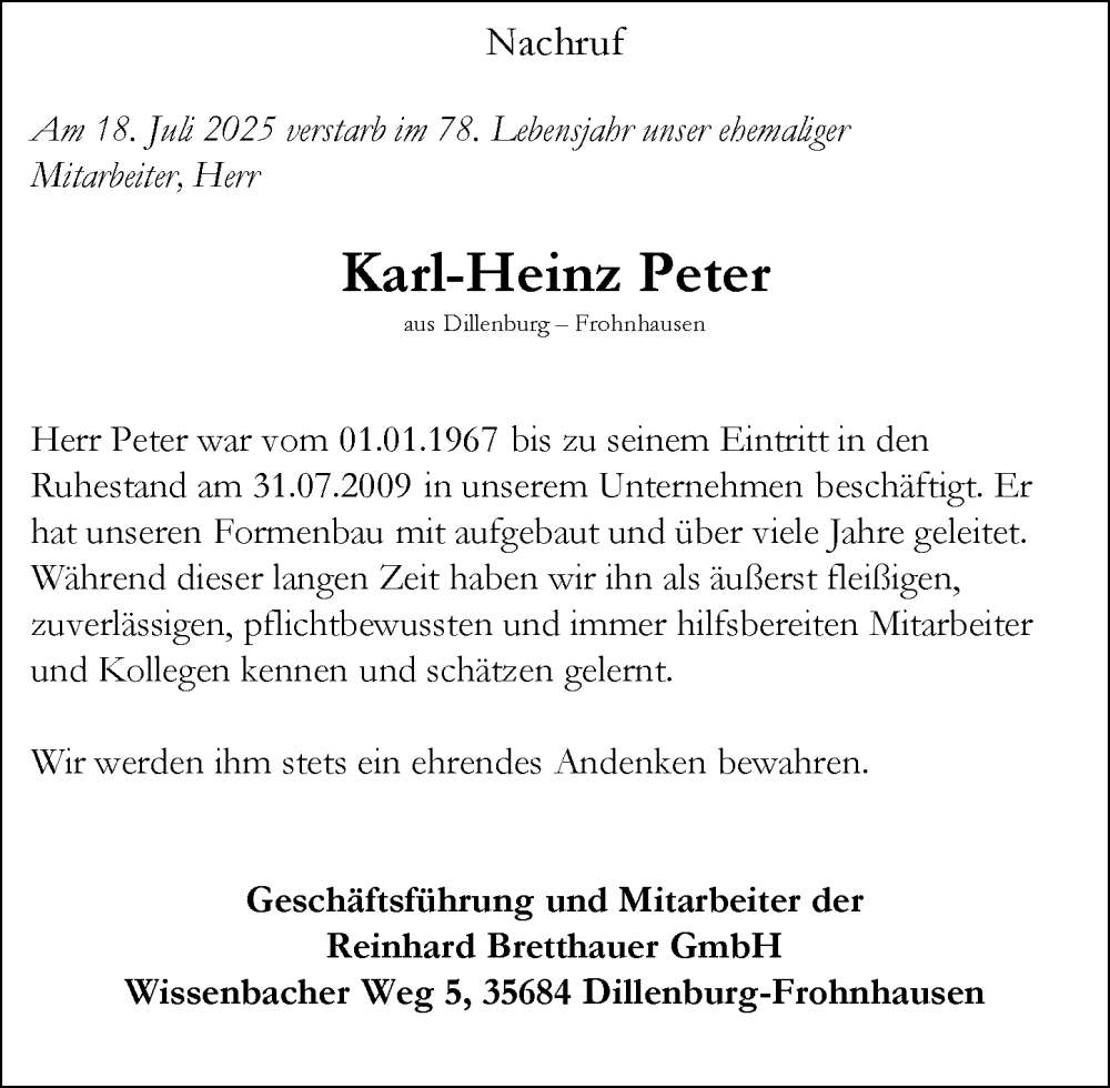  Traueranzeige für Karl-Heinz Peter vom 02.08.2025 aus Dill Block