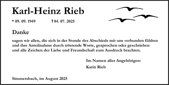Traueranzeige von Karl-Heinz Rieb von Dill Block