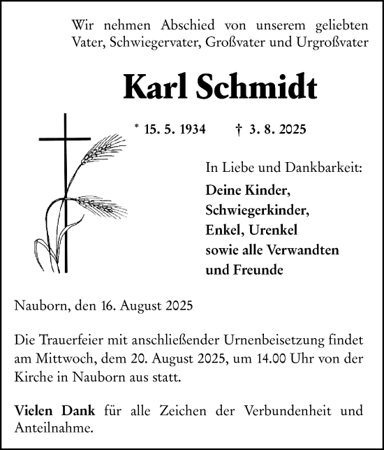 Traueranzeige von Karl Schmidt von Wetzlarer Neue Zeitung