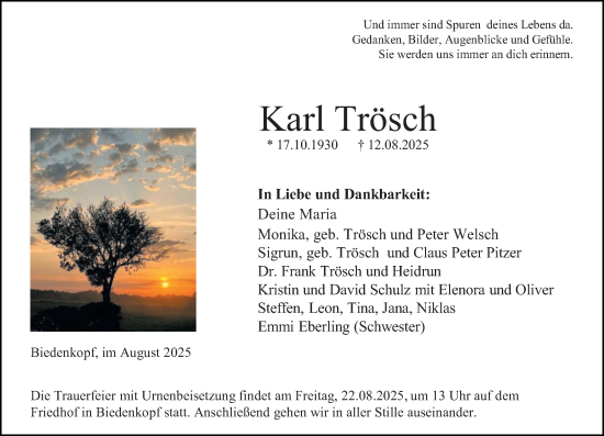 Traueranzeige von Karl Trösch von Hinterländer Anzeiger