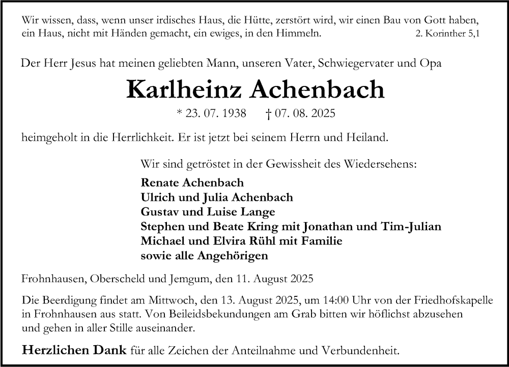  Traueranzeige für Karlheinz Achenbach vom 11.08.2025 aus Dill Block