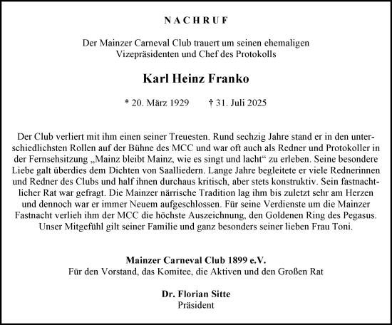 Traueranzeige von Karl Heinz Franko von Allgemeine Zeitung Mainz