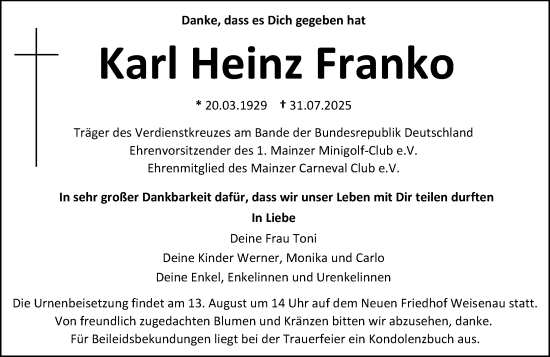 Traueranzeige von Karl Heinz Franko von Allgemeine Zeitung Mainz