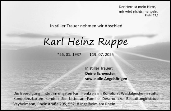 Traueranzeige von Karl Heinz Ruppe von Allgemeine Zeitung Rheinhessen-Nahe