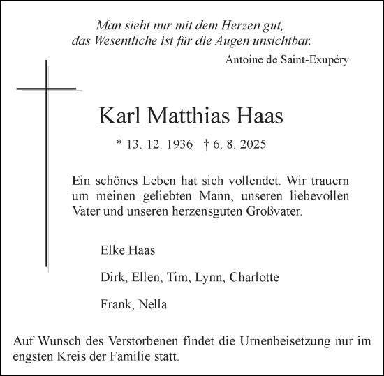 Traueranzeige von Karl Matthias Haas von Allgemeine Zeitung Mainz