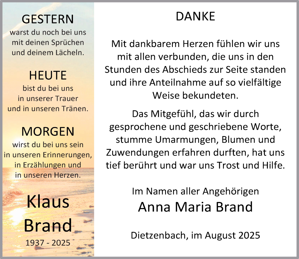  Traueranzeige für Klaus Brand vom 09.08.2025 aus Dieburger Anzeiger/Groß-Zimmerner Lokal-Anzeiger