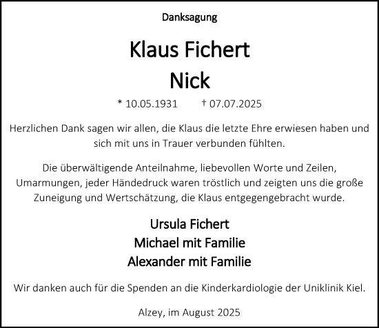 Traueranzeige von Klaus Fichert von Allgemeine Zeitung Alzey