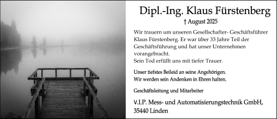Traueranzeige von Klaus Fürstenberg von Wetzlarer Neue Zeitung