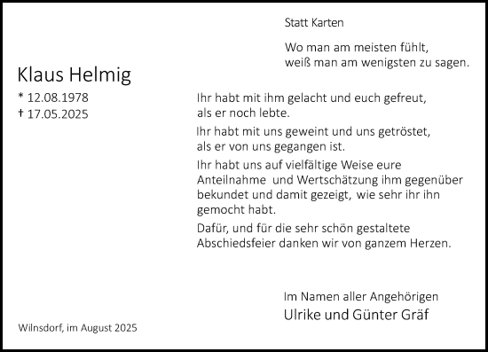 Traueranzeige von Klaus Helmig von Dill Block