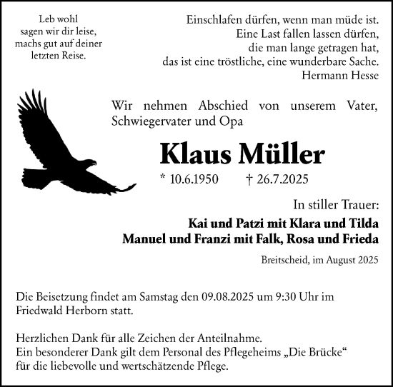 Traueranzeige von Klaus Müller von Dill Block