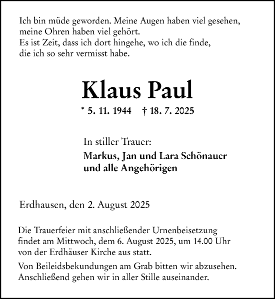 Traueranzeige von Klaus Paul von Hinterländer Anzeiger