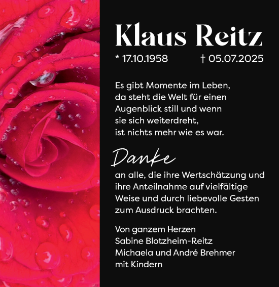 Traueranzeige von Klaus Reitz von Hinterländer Anzeiger