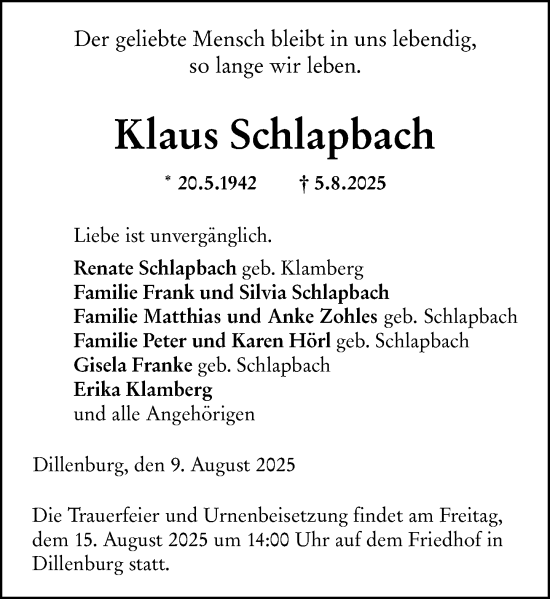 Traueranzeige von Klaus Schlapbach von Dill Block