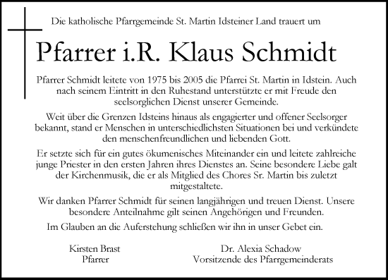 Traueranzeige von Klaus Schmidt von Idsteiner Land/Untertaunus