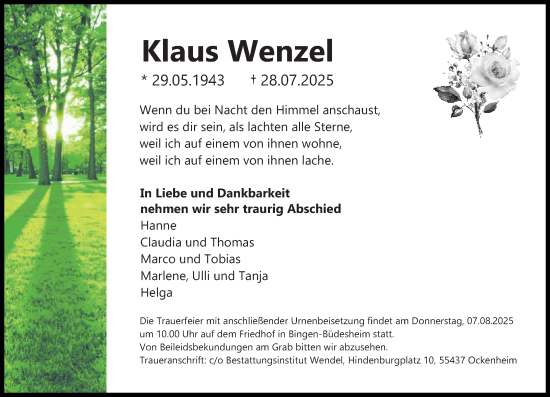 Traueranzeige von Klaus Wenzel von Allgemeine Zeitung Rheinhessen-Nahe
