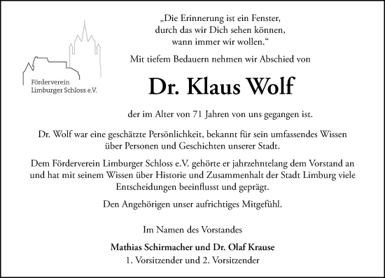 Traueranzeige von Klaus Wolf von Nassauische Neue Presse