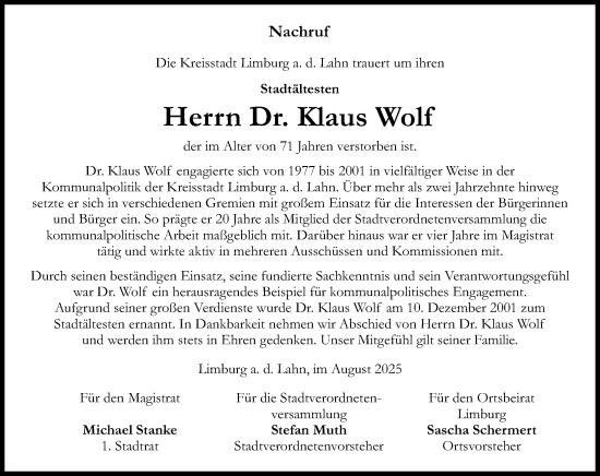 Traueranzeige von Klaus Wolf von Nassauische Neue Presse