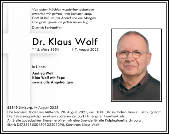 Traueranzeige von Klaus Wolf von Nassauische Neue Presse