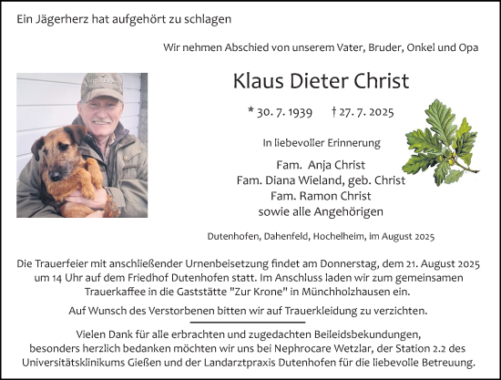 Traueranzeige von Klaus Dieter Christ von Wetzlarer Neue Zeitung