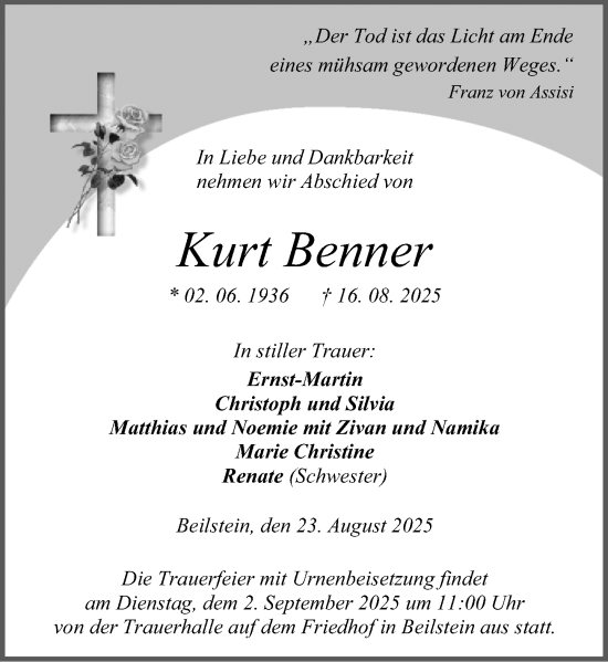 Traueranzeige von Kurt Benner von Dill Block