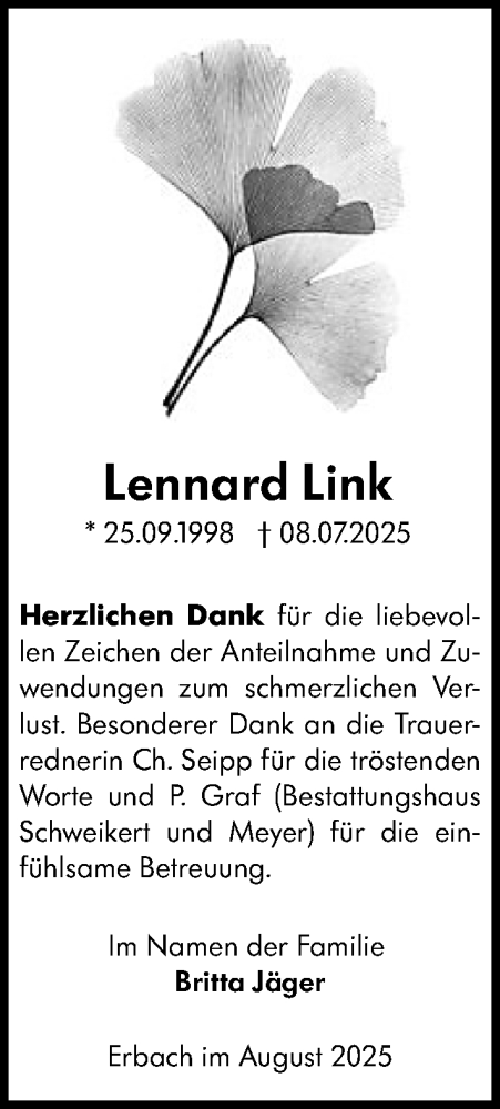  Traueranzeige für Lennard  Link vom 23.08.2025 aus Odenwälder Echo