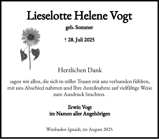 Traueranzeige von Lieselotte Helene Vogt von Wiesbadener Kurier
