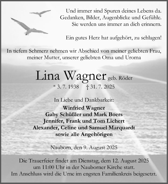Traueranzeige von Lina Wagner von Wetzlarer Neue Zeitung