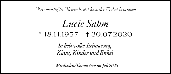 Traueranzeige von Lucie Sahm von Wiesbadener Kurier